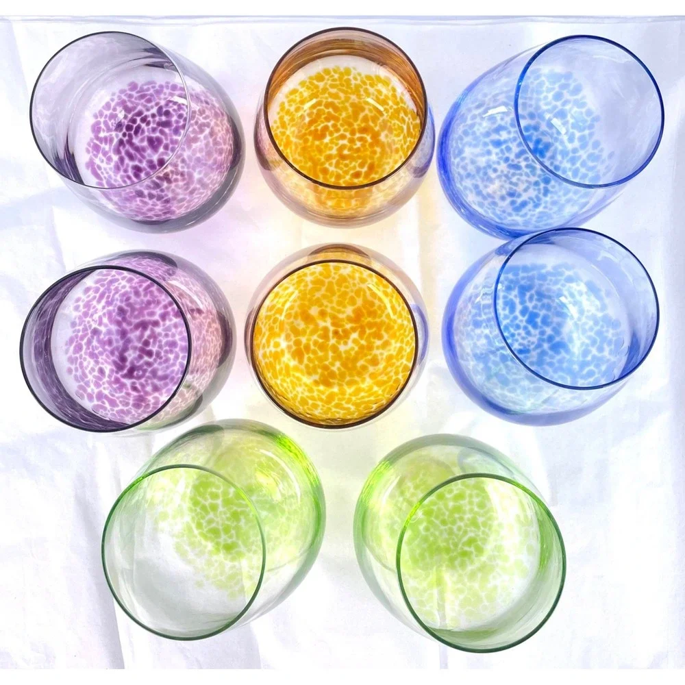 Art Glass Stemless Wine Glasses Set 8 Multicolor‎ Hand Blown Style 13 Oz
